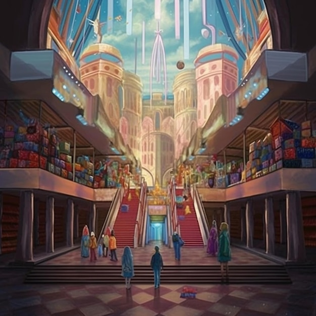 una pintura de un hombre de pie en un gran edificio con escaleras generativas ai