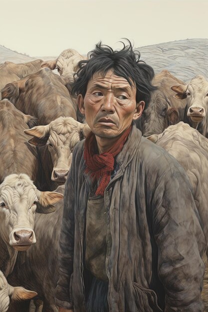 Foto una pintura de un hombre con un rebaño de vacas