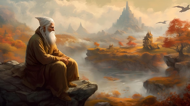 Una pintura de un hombre sentado en un acantilado con un castillo al fondo.