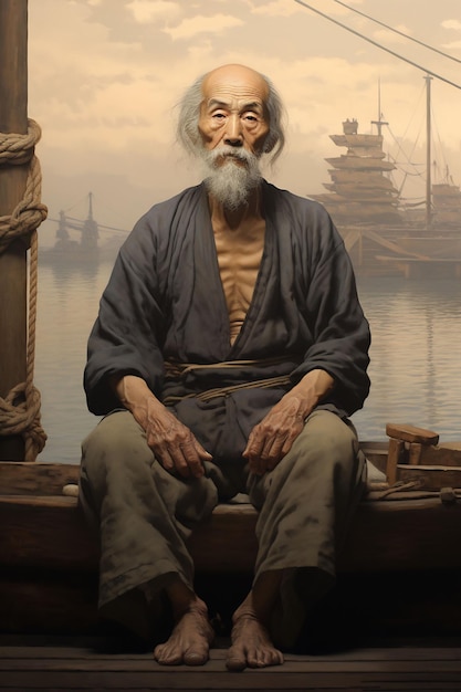 una pintura de un hombre sentado en un barco con un barco al fondo.