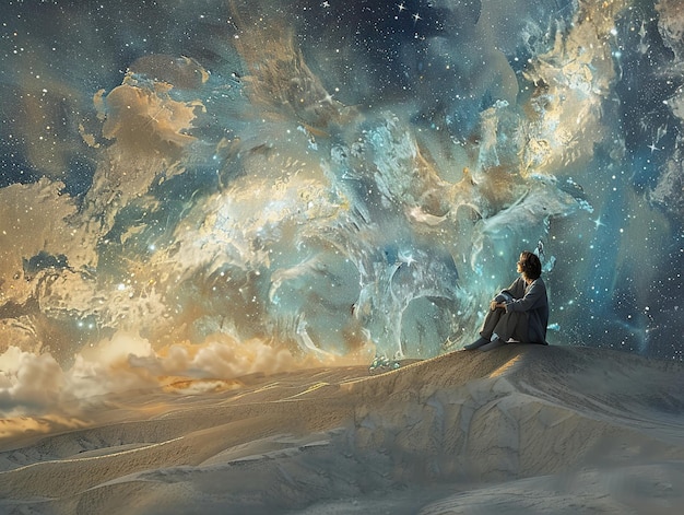 una pintura de un hombre sentado en una colina con las palabras el universo en la parte inferior