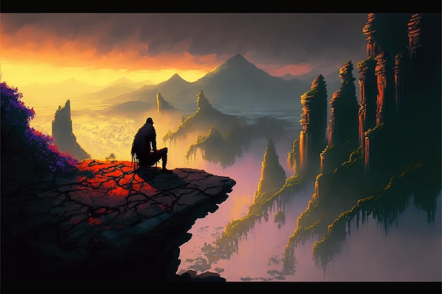 Pintura de un hombre sentado en una cornisa de roca con vista a la montaña generativa ai