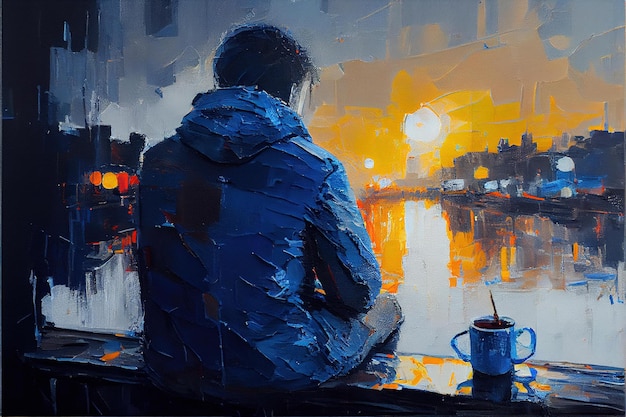 Una pintura de un hombre sentado en una repisa mirando una calle de la ciudad.