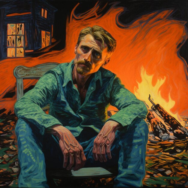 pintura de un hombre sentado en una silla frente a un generador de fuego ai