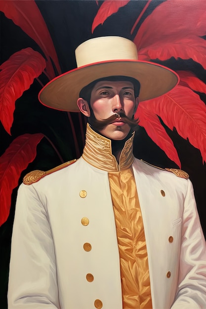una pintura de un hombre con un sombrero blanco y una banda de oro