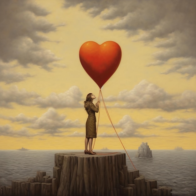 Una pintura de un hombre sosteniendo un globo en forma de corazón rojo