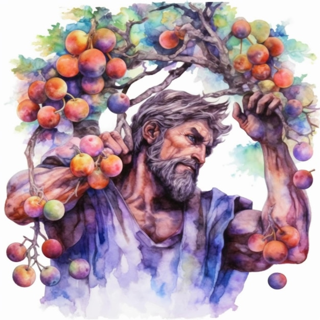 una pintura de un hombre sosteniendo un racimo de fruta en sus manos ai generativa