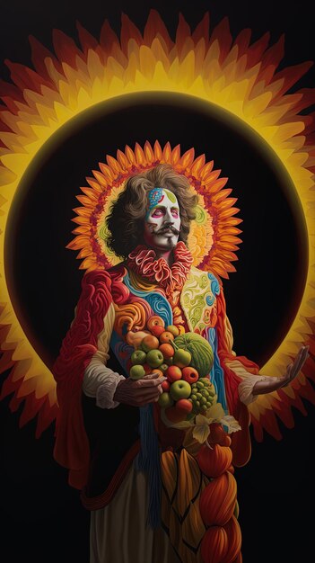 una pintura de un hombre sosteniendo un ramo de frutas