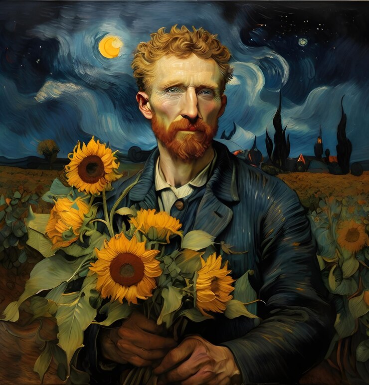 una pintura de un hombre sosteniendo un ramo de girasoles