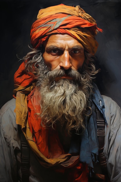 una pintura de un hombre con su pañuelo en la cabeza figuras coloridas 58