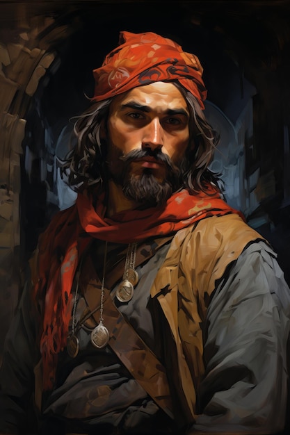 una pintura de un hombre con su pañuelo en la cabeza figuras coloridas 70