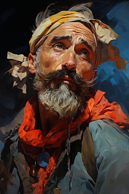 una pintura de un hombre con su pañuelo en la cabeza figuras coloridas 78