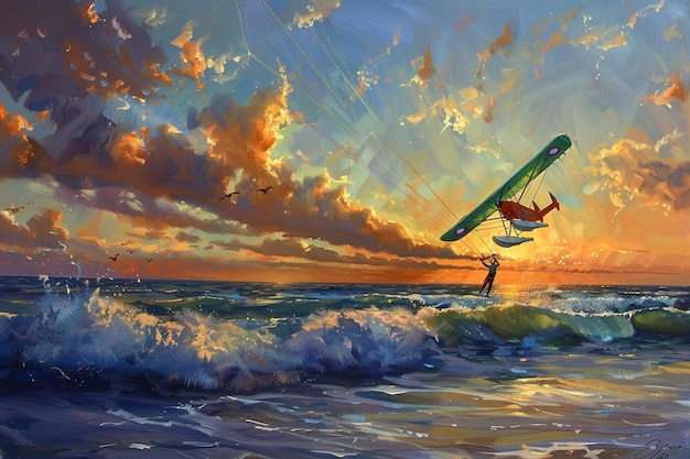una pintura de un hombre en una tabla de surf en el agua con un fondo de cielo