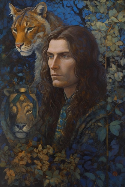 Una pintura de un hombre con un tigre en la cabeza.
