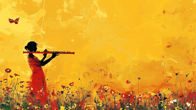 Foto una pintura de un hombre tocando una flauta con una cinta roja en el medio de un campo de flores