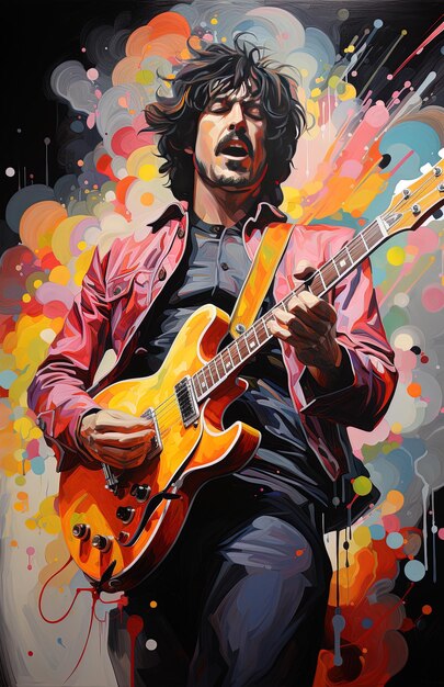 Foto una pintura de un hombre tocando una guitarra con un fondo colorido
