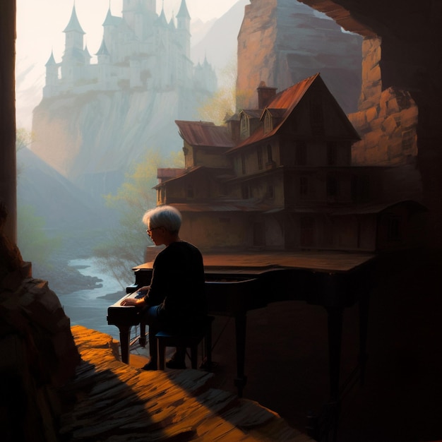 Pintura de un hombre tocando un piano en un castillo como ambientación generativa ai