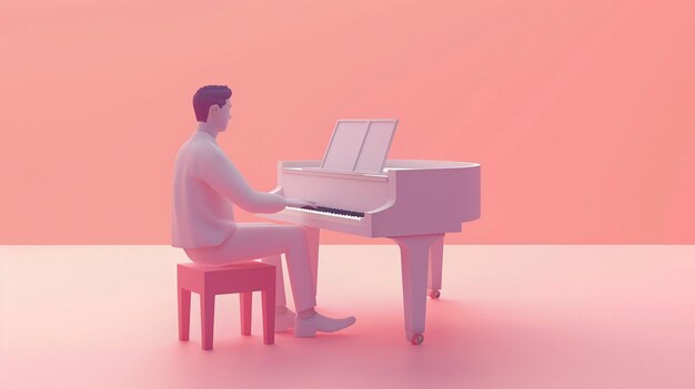 una pintura de un hombre tocando un piano con un fondo rosa