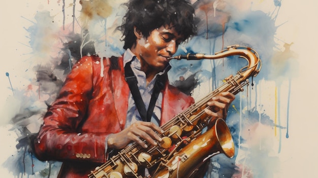 Foto pintura de un hombre tocando el saxofón adecuada para proyectos relacionados con la música y diseños con temas de jazz