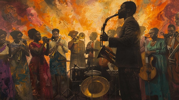 una pintura de un hombre tocando un saxofón