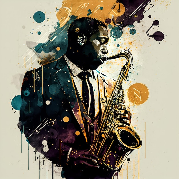 Una pintura de un hombre tocando un saxofón.