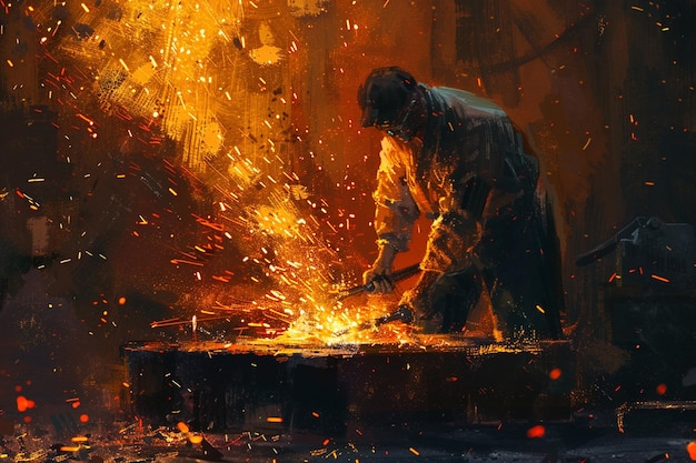 una pintura de un hombre trabajando en el fuego con un fuego en la mano