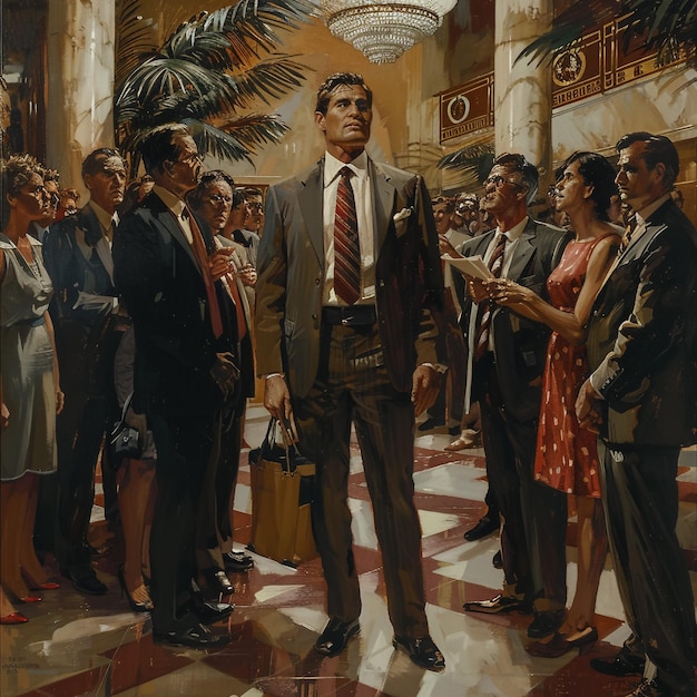 una pintura de un hombre con un traje y una bolsa con la palabra quot im a quot