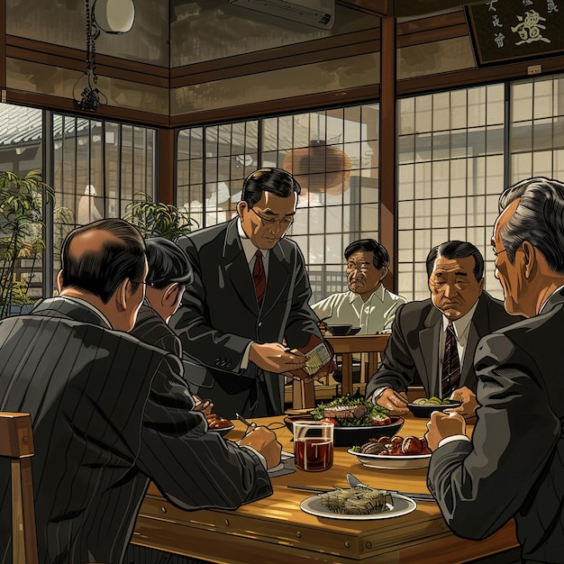 una pintura de hombres comiendo en una mesa con escritura asiática en ella
