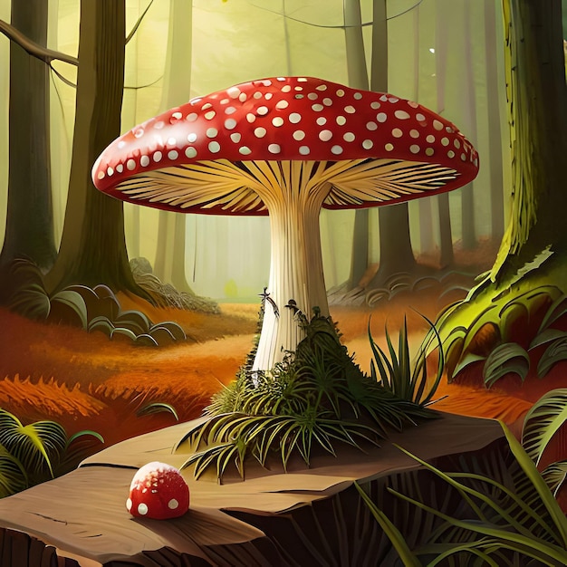 Una pintura de un hongo rojo y blanco con una gorra roja se sienta en un bosque