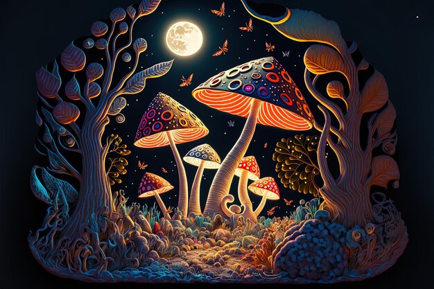 una pintura de hongos y un árbol con una luna llena en el fondo