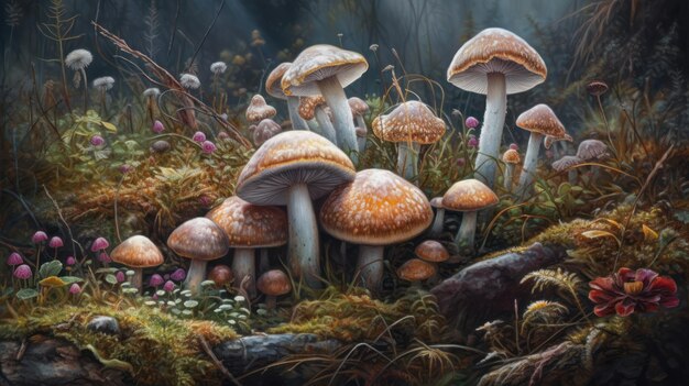 Una pintura de hongos en un bosque con un bosque al fondo.