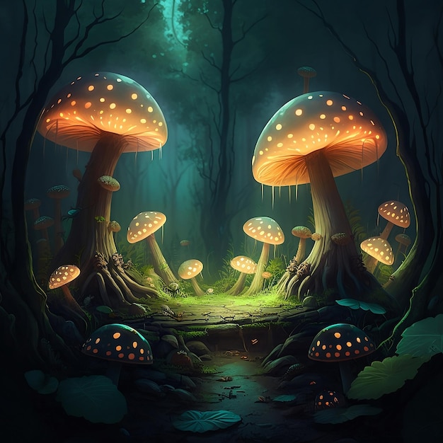 Una pintura de hongos en un bosque oscuro con luces brillantes.