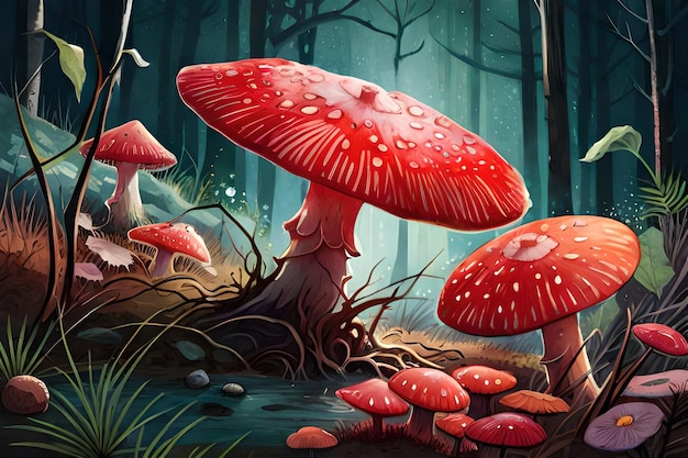 Una pintura de hongos en un bosque oscuro