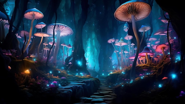 Una pintura de hongos en un bosque oscuro