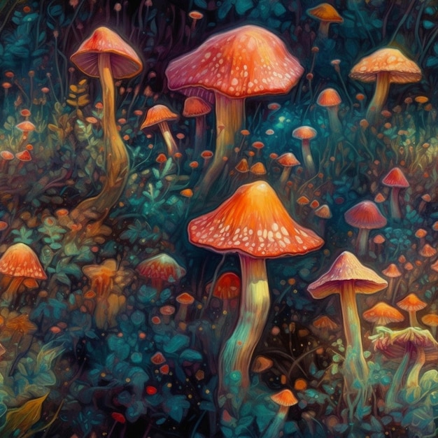 Una pintura de hongos en un bosque con las palabras "la palabra" en la parte inferior.