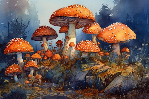 Una pintura de hongos en el bosque.