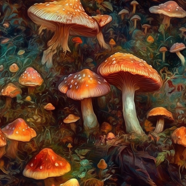 Una pintura de hongos en el bosque.