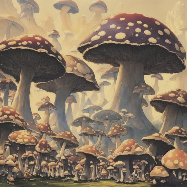 Una pintura de hongos en un campo con un fondo de cielo