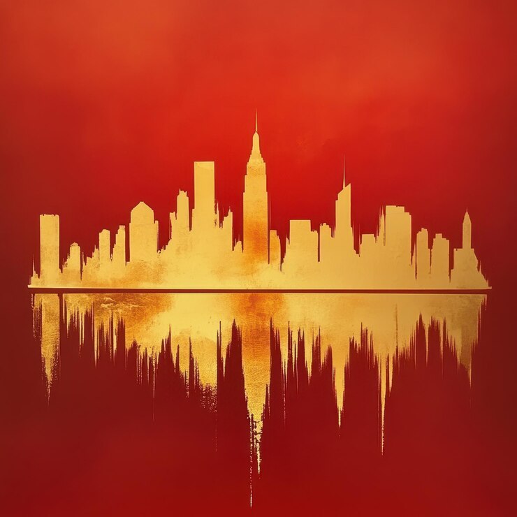 una pintura del horizonte de una ciudad con una ciudad al fondo