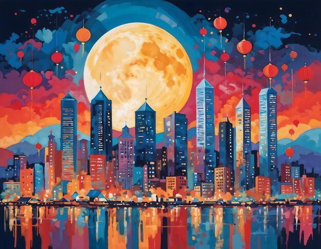 Foto una pintura de un horizonte de la ciudad con una luna llena en el fondo