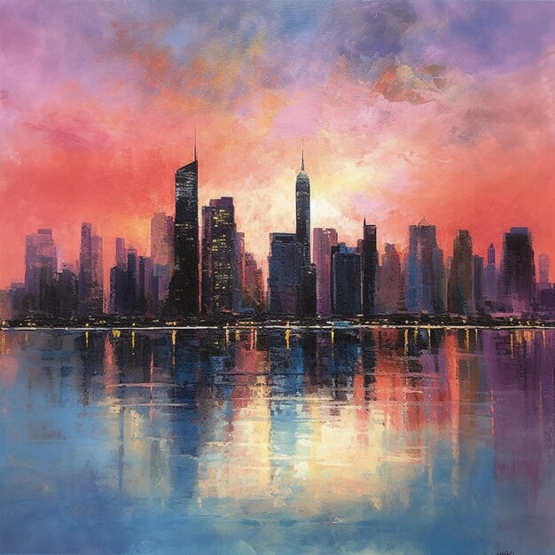 pintura de un horizonte de la ciudad con un puente y un río generativo ai