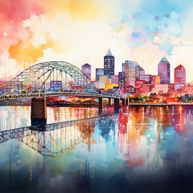 Pintura de un horizonte de la ciudad con un puente y un río generativo ai