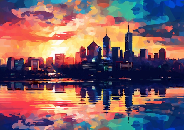Foto pintura del horizonte de una ciudad con una puesta de sol reflejada en el agua generativa ai