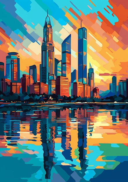 Pintura del horizonte de una ciudad con un reflejo en el agua ai generativo
