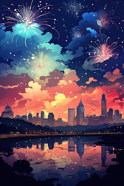 Una pintura del horizonte de la ciudad representa fuegos artificiales y estrellas en la noche Ilustración Generativa IA