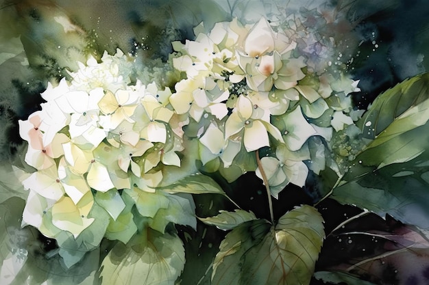 Una pintura de una hortensia con hojas verdes y flores blancas.