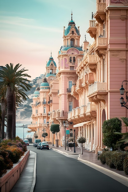 una pintura de un hotel con una palmera en el fondo.