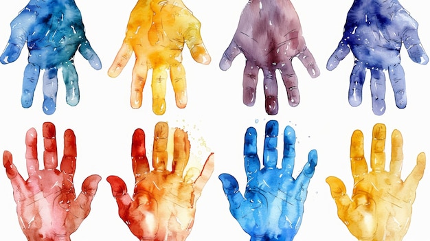 Foto pintura de huellas de mano coloridas en ai generativa de acuarela