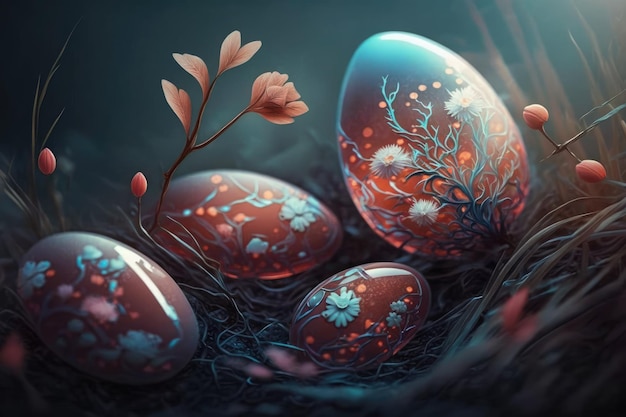 Una pintura de huevos con flores en el medio.