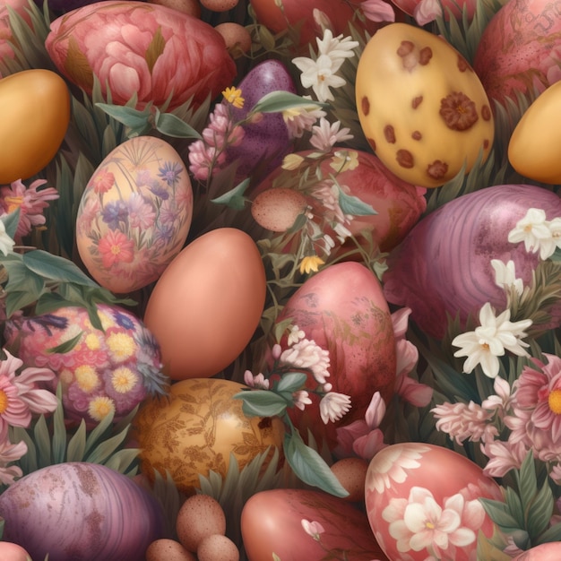 Una pintura de huevos de pascua con un fondo floral.